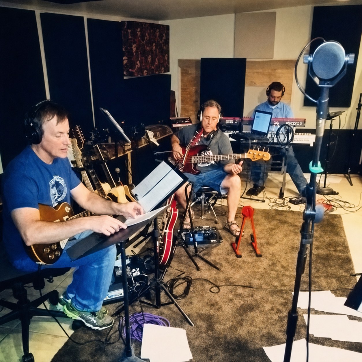 Musicians and recording-session participants during the Hit Warehouse studio soft launch