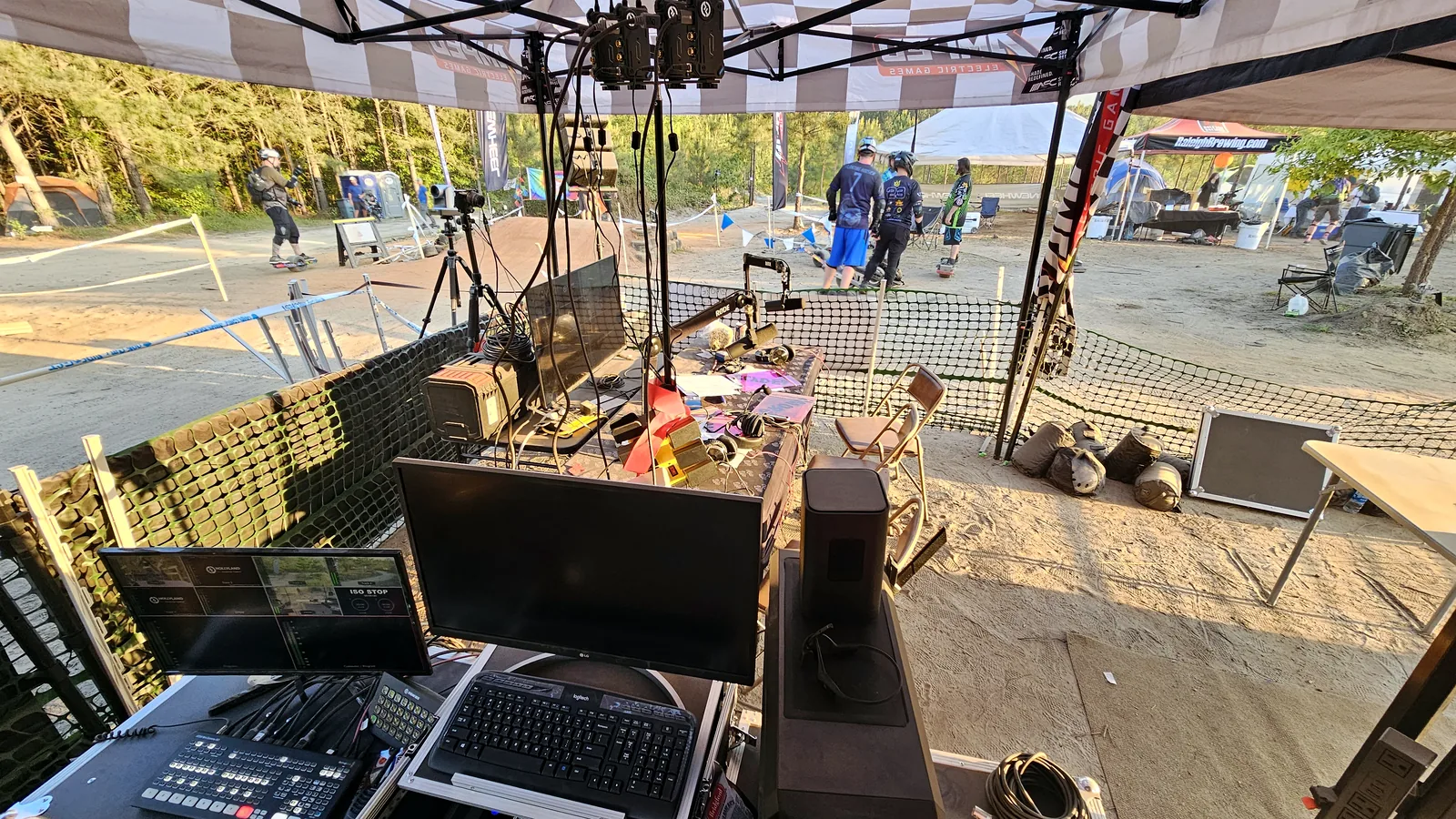 Portable live production system with cameras, switching, monitoring and audio deployed at an outdoor event